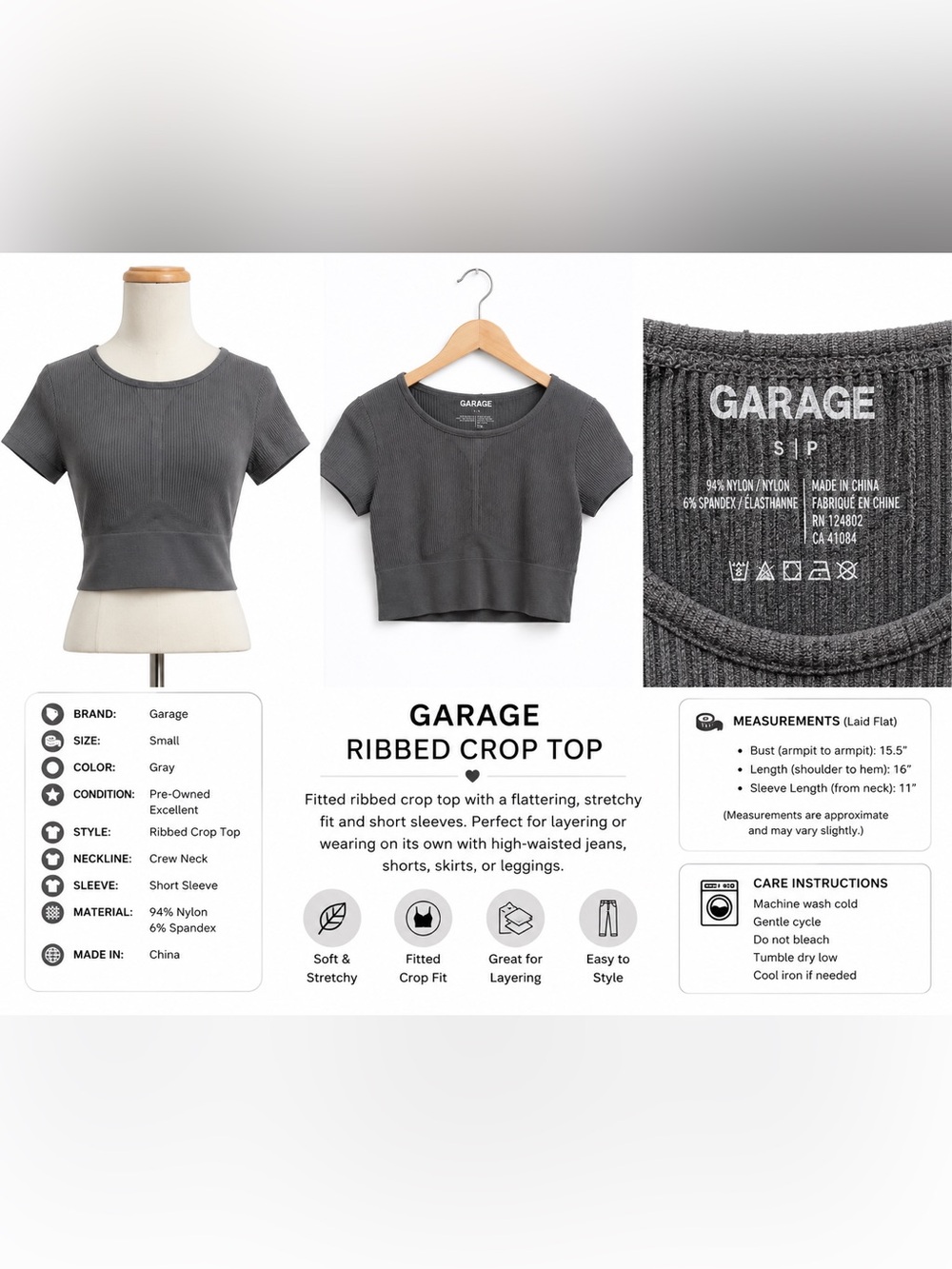 Garage Ribbed Crop Top – Size Small - Picture 2 of 2